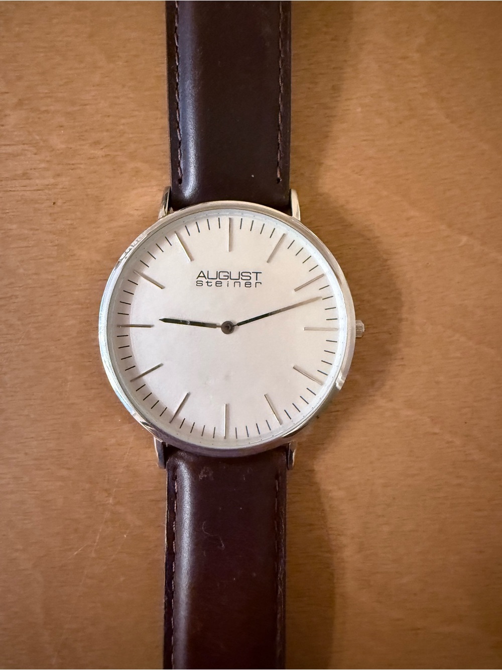 August Steiner Silver Case Watch with Brown Leather Band